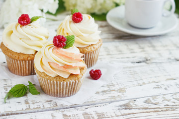 Delicate vanilla cupcakes with cream and raspberries on a white wooden background
