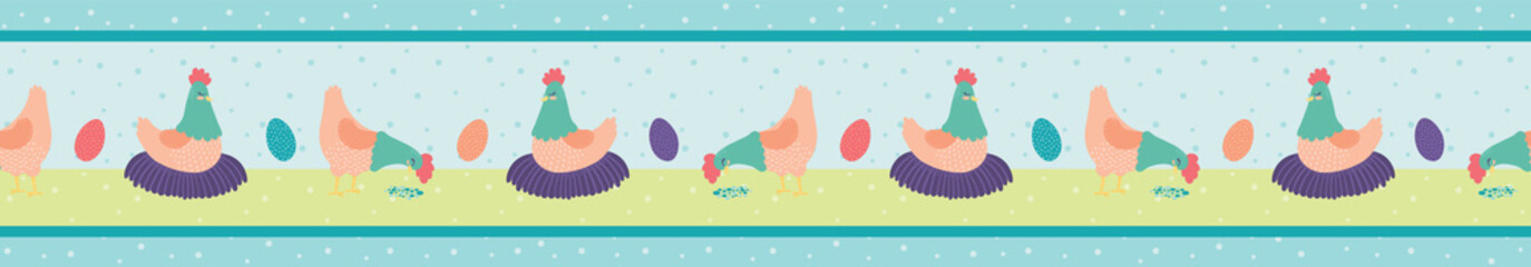 Vector Hens Farm Scene Seamless Border