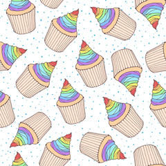 Vector seamless pattern with cupcakes and muffins with rainbow cream topping. Hand drawn sweet bakery on the dotted background.