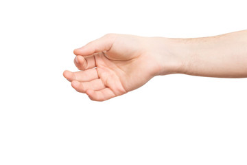 Closeup isolated male hand holding invisible object at white background.