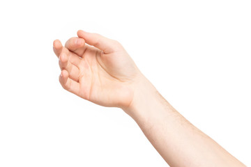 Closeup isolated male hand holding invisible object at white background.