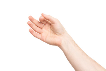 Closeup isolated male hand holding invisible object at white background.