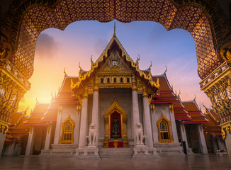 The Marble Temple, Wat Benchamabopitr Dusitvanaram at sunrise in Bangkok, Thailand.
