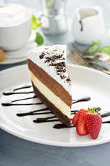 Three chocolate layered mousse cake