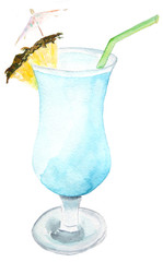 illustration of a blue tropical cocktail with a slice of pineapple and a paper umbrella on a white background