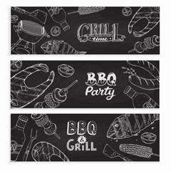 BBQ and grill banners with sketch objects. Hand drawn barbecue elements around decorative text. BBQ party. Grill time,