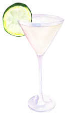 watercolor illustration of pink martini with lime