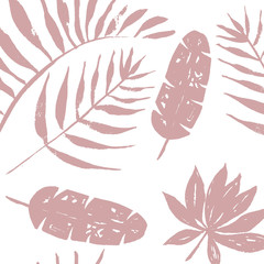 silhouettes of tropical leaves on white background, seamless pattern, red
