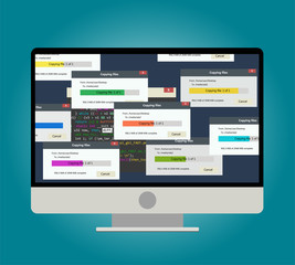 Backup files copying progress bar on computer screen. Illustration on blue background.