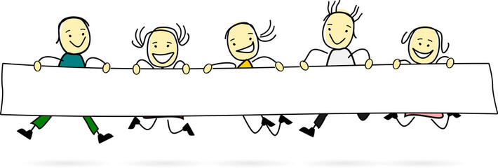 Springende Kinder halten ein Werbebanner