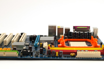 Fragment of the motherboard for the computer's system unit with a focus on the connectors for connecting RAM elements.