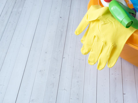 housework, housekeeping and household concept - cleaning stuff