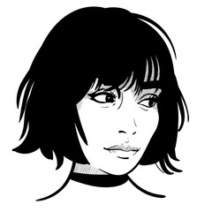 Beautiful girl portrait. Bob hairstyle. Black and white style. Illustration.