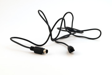 Connecting cord for electronic devices in black with round contact sockets on a white background.
