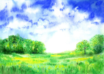Obraz premium Summer landscape with blue sky and forest background. Watercolor on paper.