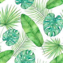 Seamless watercolor pattern with tropical leaves