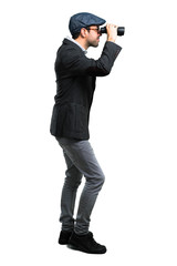 Fototapeta premium Handsome modern man with beret and glasses holding a megaphone