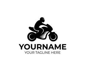 Motorcyclist on motorcycle, motorbike, logo template. Moto sport and racing, vector design. Auto transport, illustration