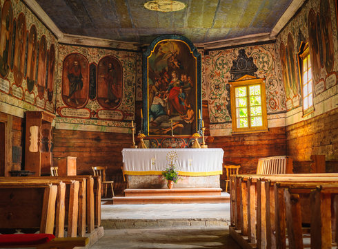 Church interior of old Slovak Village - Zuberec is a village in northern Slovakia and a popular tourist center at the foothills of the Western Tatras.