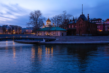 Moscow, Russia - April, 08, 2018: embankment of Moscow river in the evening