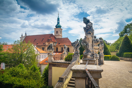 Summer view on Statues and st. Nicholas church of Vrtba garden (18th century), Praguecity
