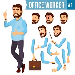 Office Worker Vector. Face Emotions, Various Gestures. Animation Creation Set. Corporate Businessman Male. Successful Officer, Clerk, Servant. Isolated Cartoon Illustration
