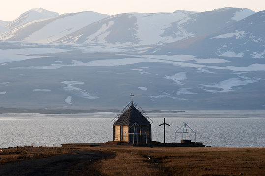 Sunset. Small church near Paravani lake in Georgia, Caucasus