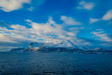 Outdoor view of rugged beauty of the snowy mountains surrounding Bodo in Norway