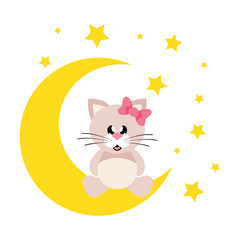 cartoon cute cat girl with bow sitting on the moon