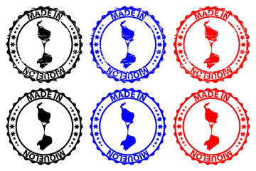 Made in Miquelon - rubber stamp - vector, Miquelon map pattern - black, blue and red
