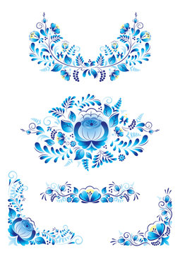 Gzhel style traditional russian ornaments with blue flower on white background