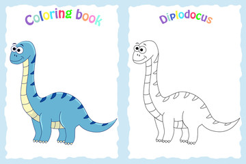 Coloring book page for preschool children with colorful diplodoc