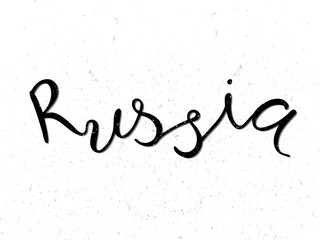 hand lettering Russia. black text on white background with textured for postcard, icon, logo, badge, clothes and textiles. Vector illustration EPS10