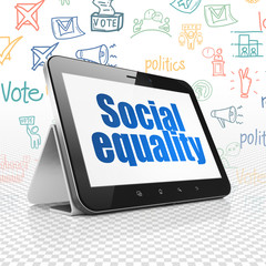 Political concept: Tablet Computer with  blue text Social Equality on display,  Hand Drawn Politics Icons background, 3D rendering