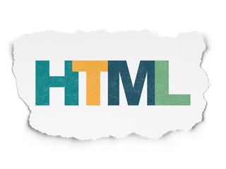 Software concept: Painted multicolor text Html on Torn Paper background