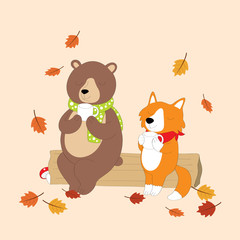 Cartoon cute big bear and little fox drink coffee happily in autumn vector.