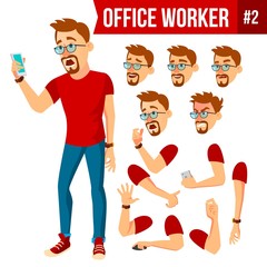 Office Worker Vector. Face Emotions, Various Gestures. Animation Creation Set. Businessman Human. Modern Cabinet Employee, Workman, Laborer. Isolated Flat Cartoon Character Illustration