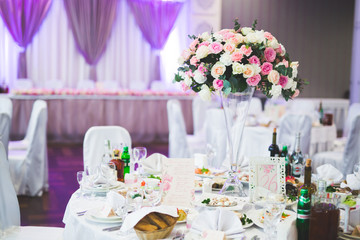 Interior of a restaurant prepared for wedding ceremony