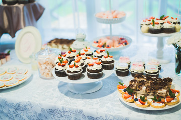 Delicious sweets on wedding candy buffet with desserts, cupcakes