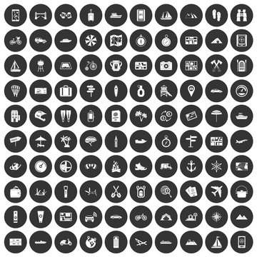 100 travel icons set black circle