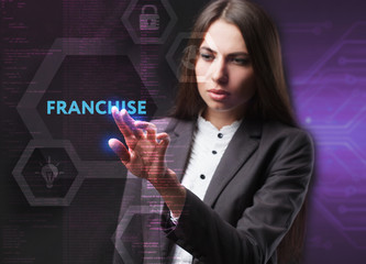 The concept of business, technology, the Internet and the network. A young entrepreneur working on a virtual screen of the future and sees the inscription: Franchise