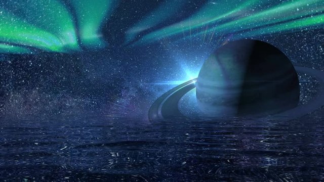 Futuristic night background with infinite ocean, saturn planet with ring, universe and aurora borealis. Northern lights is wonderful shimmer magically in the starry sky, seamless loop close-up