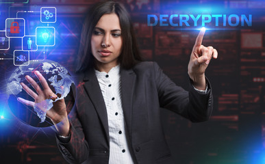 The concept of business, technology, the Internet and the network. A young entrepreneur working on a virtual screen of the future and sees the inscription: Decryption