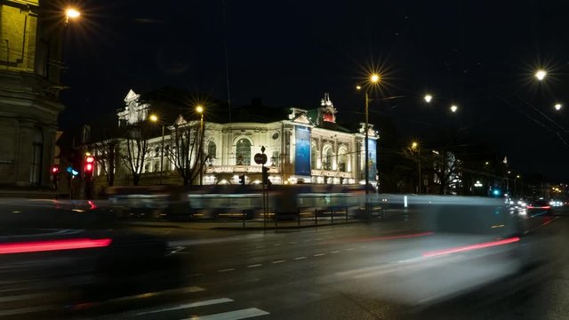 Riga city theatre building night time lapse