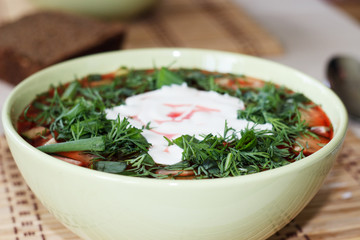 Cold beetroot soup with fresh onions, dill and cucumber. Traditional Slavic summer soup.