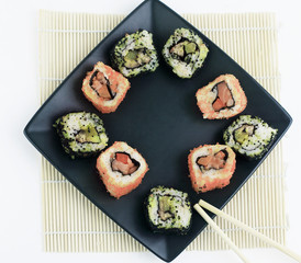 different types of Maki sushi on a black plate