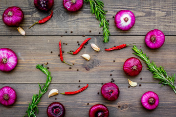 Red onion as seasoning. Onion near chili peper, rosemary, black peper, garlic on dark wooden...