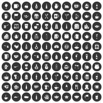 100 utensil icons set black circle