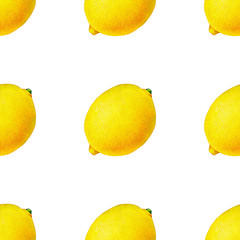 Yellow lemon fruits on a branch with green leaves isolated on white background. Watercolor drawing seamless pattern for design