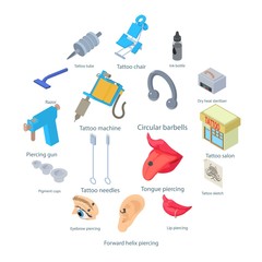 Tattoo parlor icons set, isometric style